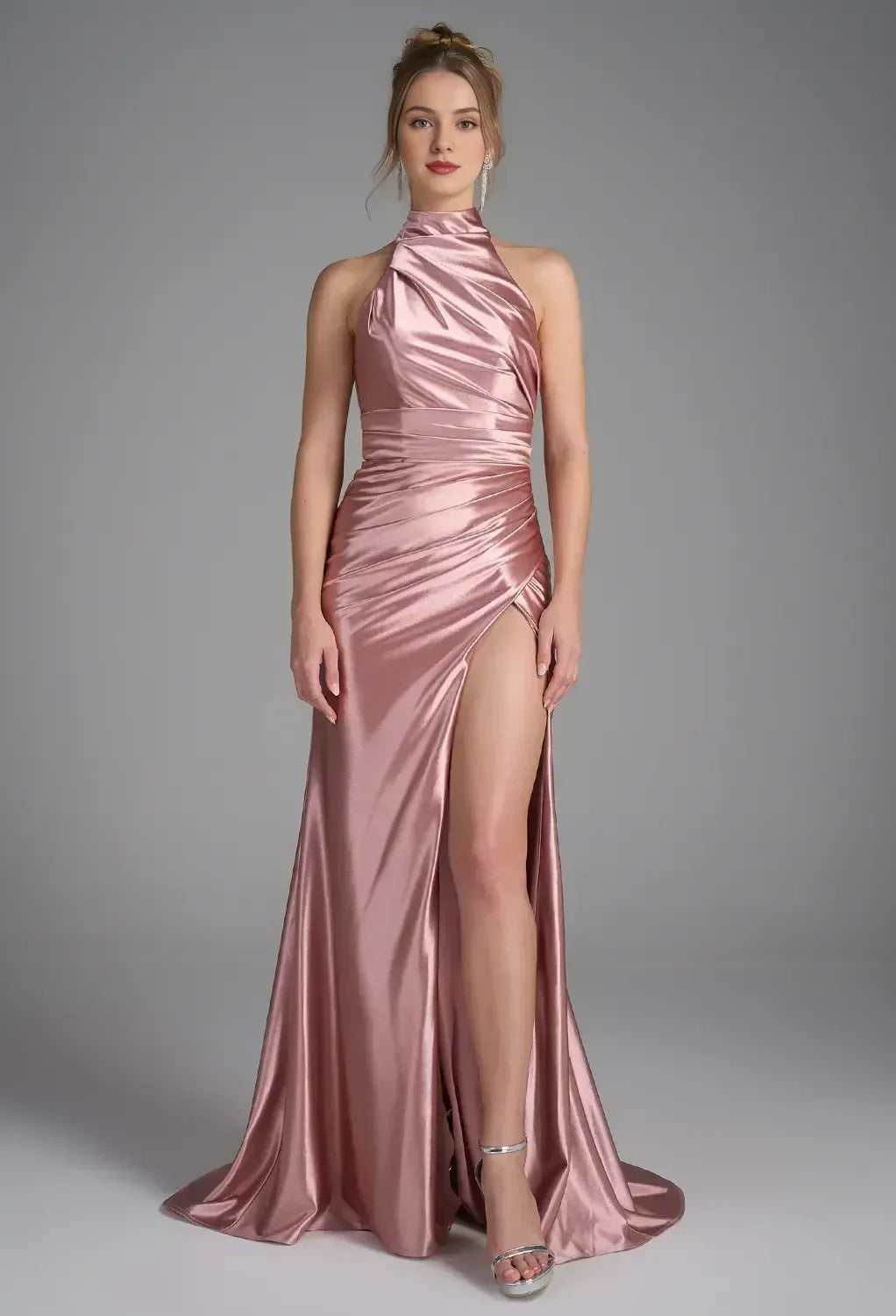 Mermaid Halter Neckline Elegant Floor Length Prom Clothes Satin Strapless Sleeveless Simple Strapless Prom Dresses for Women With Slit